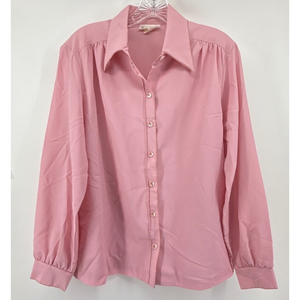 Vintage Lee Mar Pageant Pink Scalloped Trim Button Up Blouse Long Sleeve Top